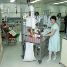 Transferring patients from the old PICU to the new PICU on the first official day of unit operations, 14 December 1988.