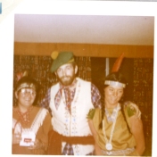 Costume party. Robert Hall in centre and Hedie Epp on far right. 1970.
