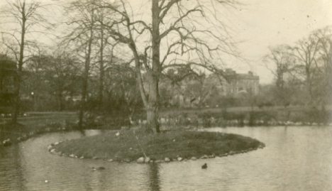 Duck pond in the gardens, Buxton, Spring 1918 England