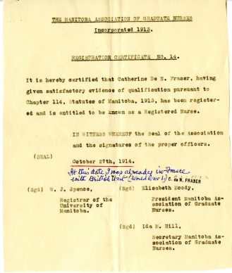 Manitoba Association of Graduate Nurses Registration Certificate, 1914